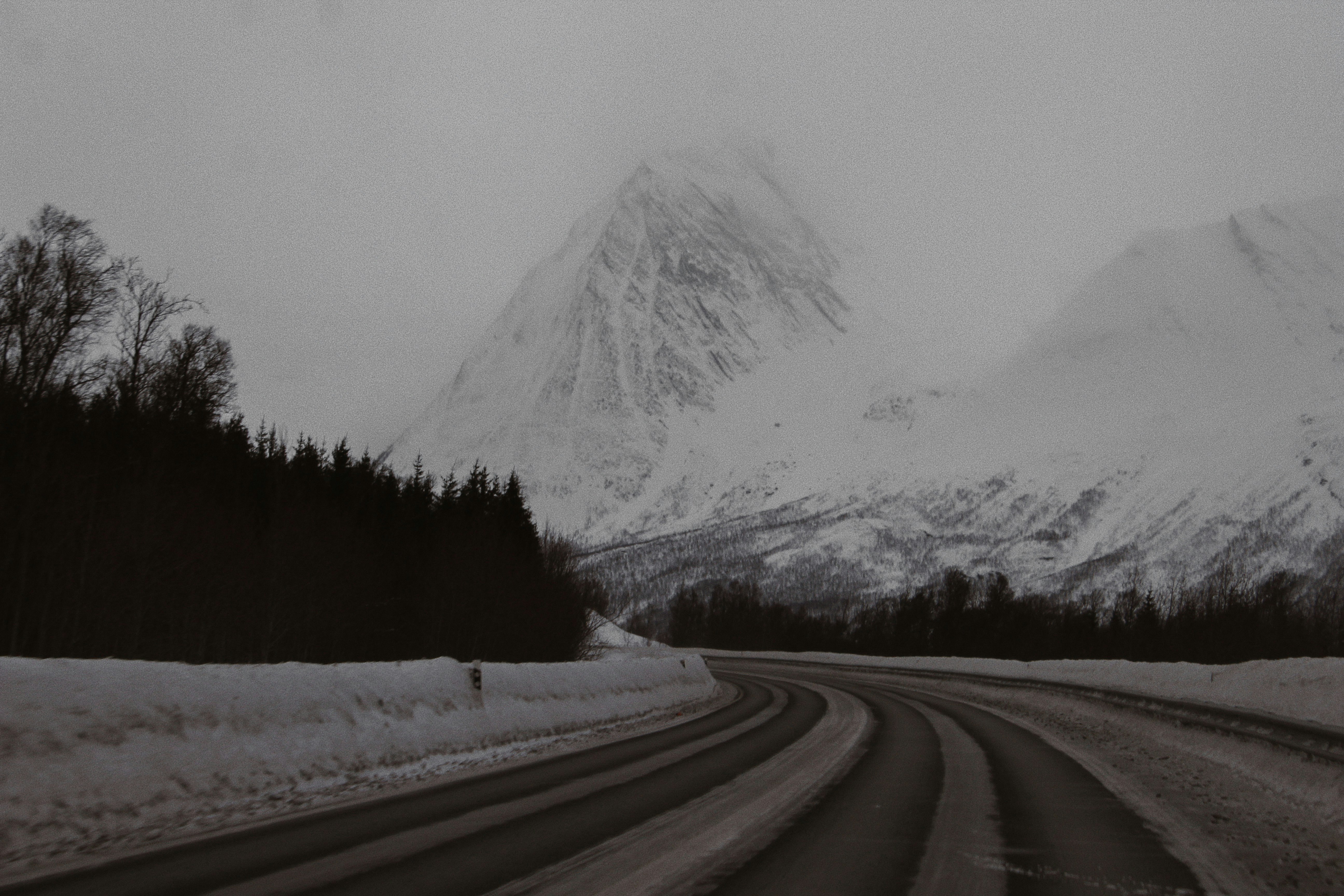 snow covered road near trees and mountain during daytime